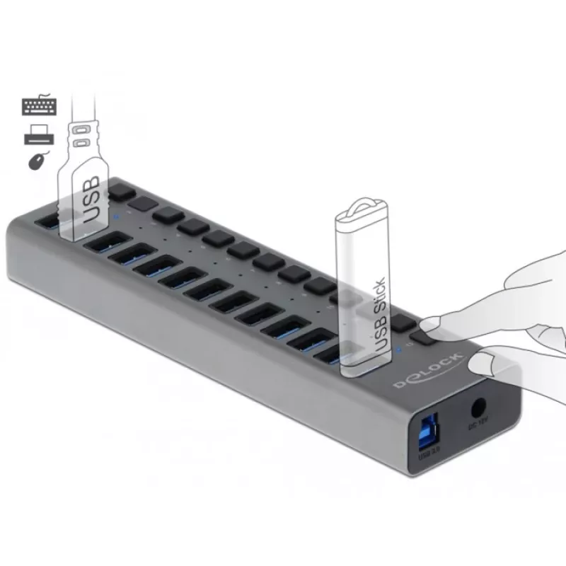 DeLOCK ārējais USB 5 Gbps centrmezgls ar 13 portiem + slēdzi, USB 3.2 Gen 1 (3.1 Gen 1) Type-B, USB 3.2 Gen 1 (3.1 Gen 1) Type-A, 5000 Mbit/s, pelēks, alumīnijs, 1 m