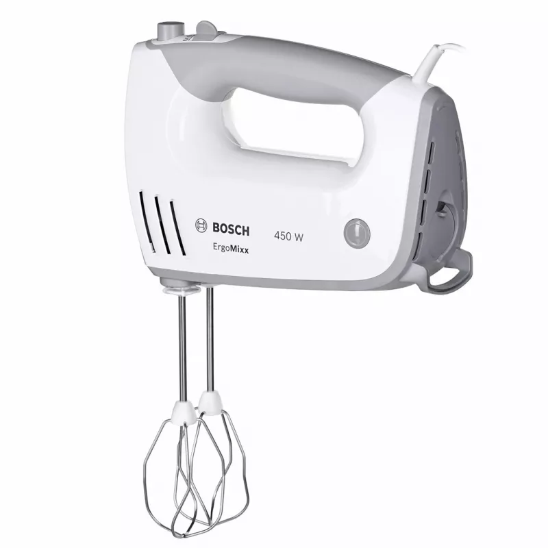 Rokas mikseris Bosch MFQ36480 – 450 W, 5 ātrumi ar turbo, pelēks/balts, putotāji un mīklas āķi