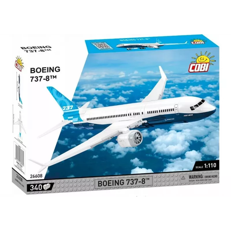Būvniecības komplekts Cobi Boeing 737-8 — 340 detaļas, ieteicamais vecums 7+, zila un balta