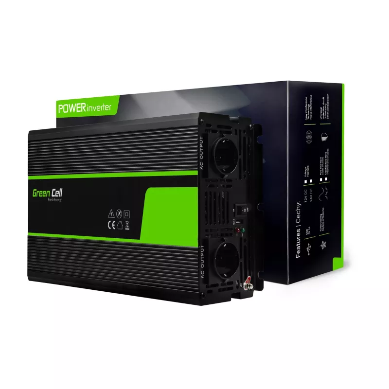 Auto invertors zaļa Cell INV21 6000 W, 24V līdzstrāva-maiņstrāva, 230V izeja, 2x USB PD, aktīvā dzesēšana, noņemami līdzstrāvas savienotāji, melns