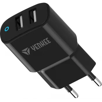 Lādētājs YENKEE YAC 2024BK – sienas lādētājs, 2× USB-A pieslēgvietas, kopējā jauda 12 W (2,4 A vienai pieslēgvietai)