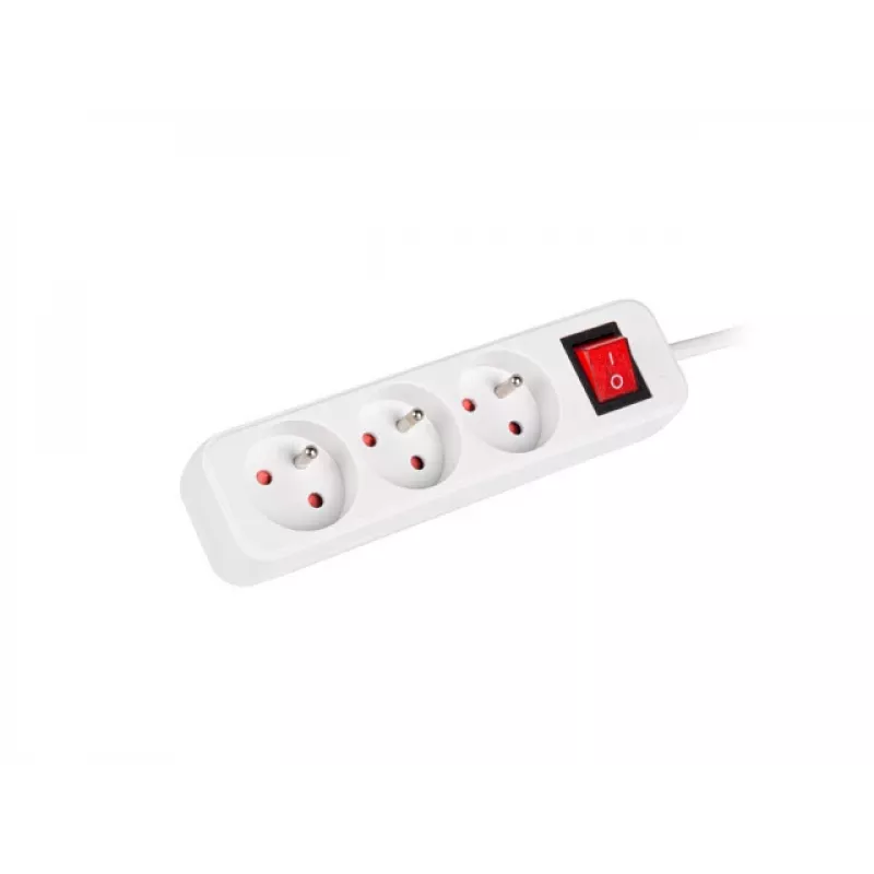 Barošanas pagarinātājs LANBERG PS1-03E-0300-W — 3 m vads, 3 E tipa maiņstrāvas rozetes, balta, iekštelpām