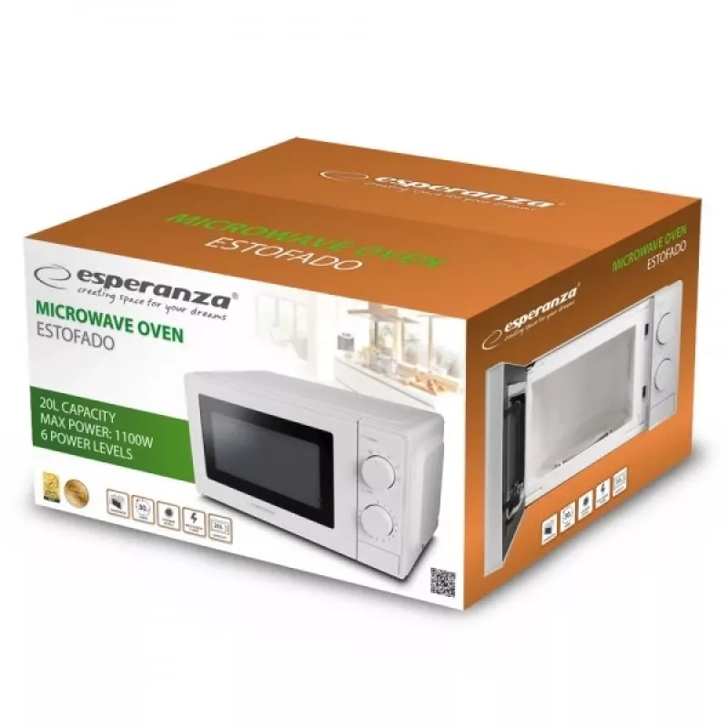 Solo mikroviļņu krāsns ESPERANZA ESTOFADO — 700 W, 20 l, 5 jaudas līmeņi, 24,5 cm grozāmais paliktnis, balta