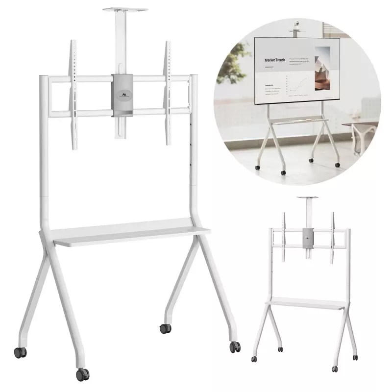 Grīdas TV statīvs MACLEAN MC-114 W displejiem 55 collas–100 collas, balts, VESA līdz 900x600, maks. slodze 120 kg, augstums 115–152 cm, plaukts
