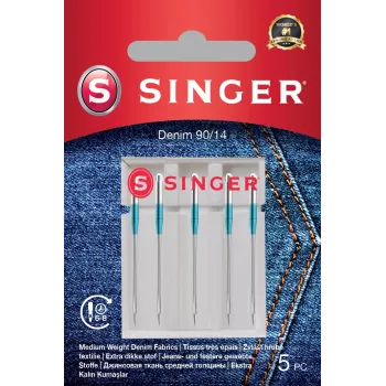 SINGER šujmašīnu adatas Denim 90/14, iepakojumā 5 gab. — smagiem audumiem (džinsam, audeklam)