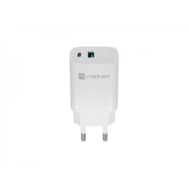 Vadu mobilo ierīču lādētājs NATEC NUC-2140, 30W, USB-C PD 3.0 + USB-A, Samsung AFC, Balts
