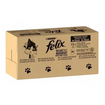 Mitrā kaķu barība Purina Felix ar augstu olbaltumvielu saturu 100 g paciņā — zivju un vistas garša, pieaugušiem kaķiem, iepakojumā 120 gab.