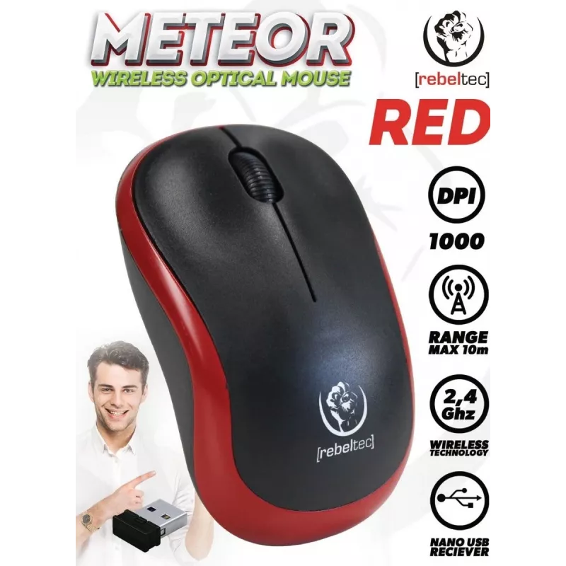 Bezvadu optiskā pele Rebeltec METEOR sarkana RBLMYS00049 USB