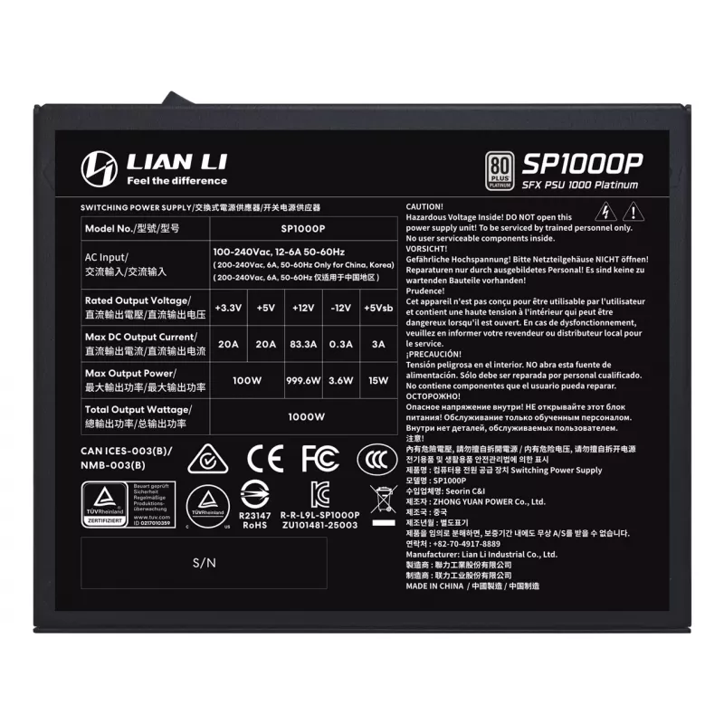 Barošanas bloks Lian Li SP Series Platinum SFX pilnībā modulārs PCIe 5.1 ATX 3.1 1000 W