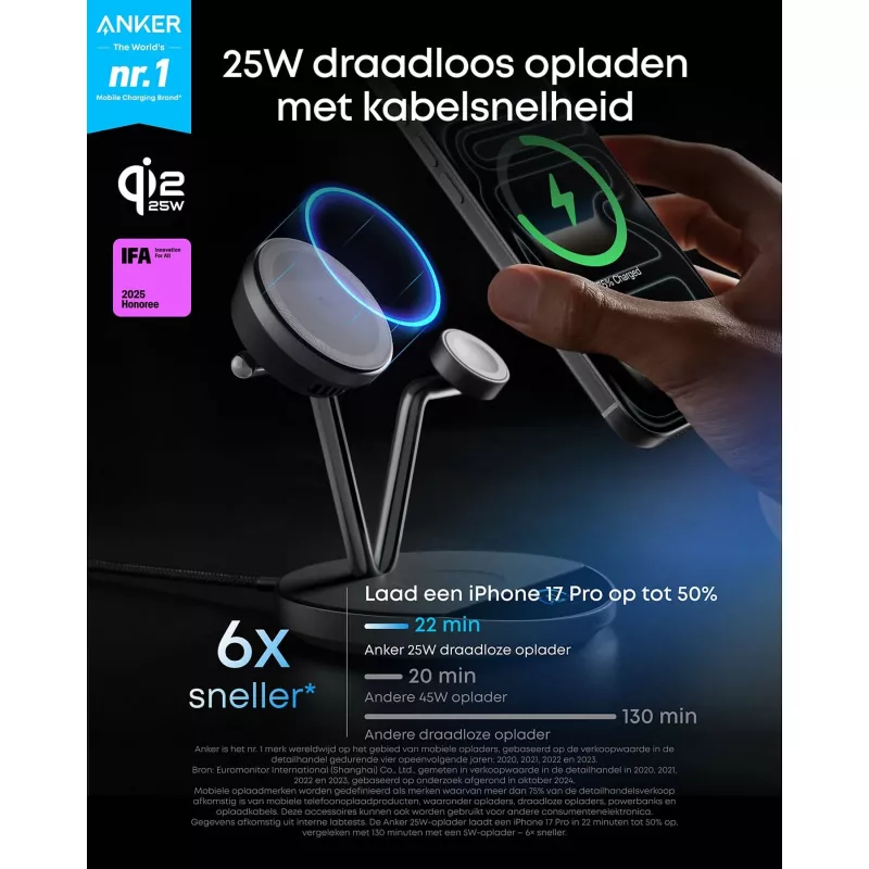 Anker Prime bezvadu uzlādes stacija Qi2.2 25W bezvadu uzlāde (3-in-1, MagGo, AirCool, Dock statīvs) ar barošanas bloku