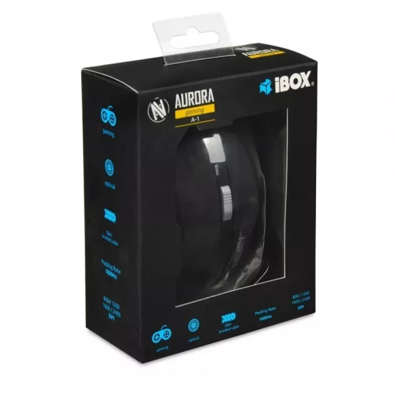 Vadu optiskā pele IBOX Aurora A-1 — labā roka, 6 pogas, 2400 DPI, USB Type-A, LED apgaismojums, 1,8 m kabelis