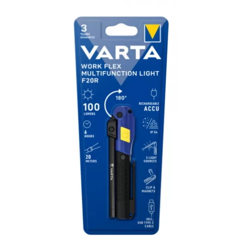 Rokas darba gaisma Varta Work Flex Melns LED, 100 lm, iebūvēta baterija, 6 h, alumīnijs/neilons/polikarbonāts/gumija, 120 mm