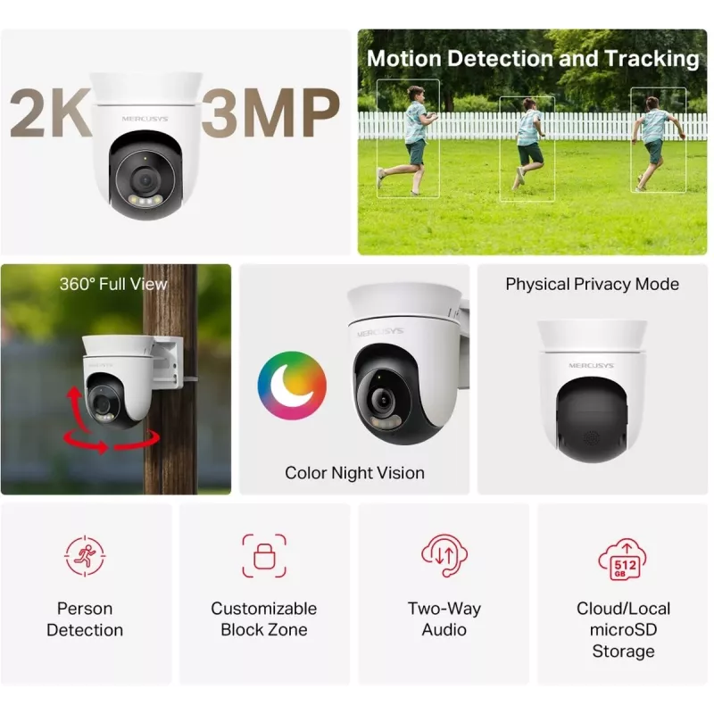 IP drošības kamera MERCUSYS MC510 kupolveida 2 MP, 2304×1296, 30 fps, Wi‑Fi un Ethernet, IR nakts redzamība, griestu stiprinājums, balta