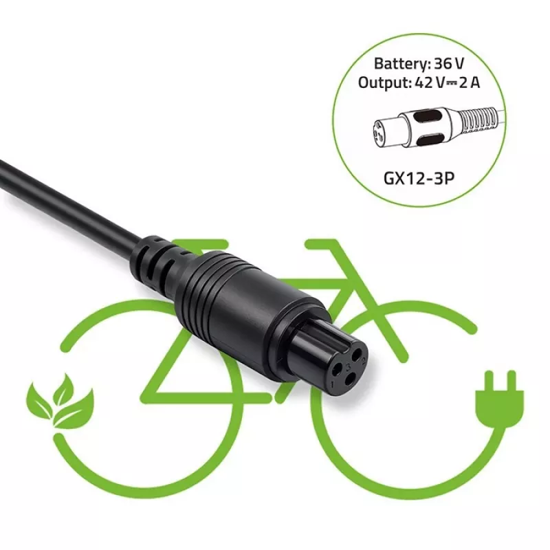 E-velosipēdu lādētājs QOLTEC 36V–42V 2A ar GX12 3 kontaktu savienotāju