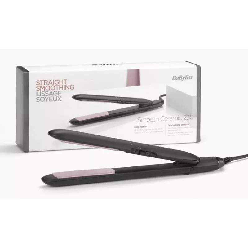 Iztaisnošanas gludeklis BaByliss CERAMIC 230 — Keramikas plāksnes, 2 karstuma līmeņi, 1,8 m vads, Melns