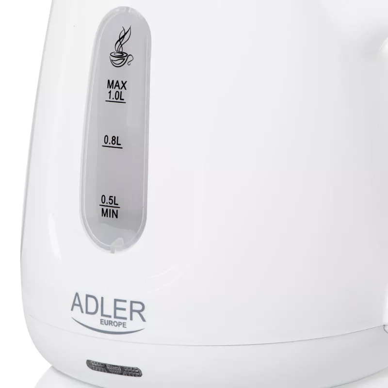 Elektriskā tējkanna Adler AD 1373 — 1 L ietilpība, 850 W, balta, 360° pamatne, polipropilēns