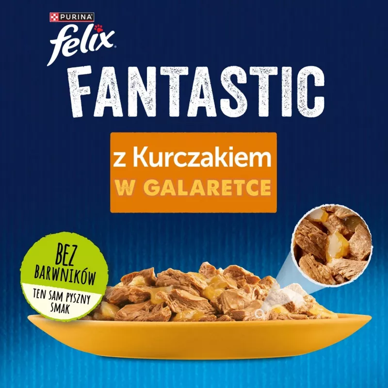 Mitrā kaķu barība Felix PURINA paciņā 85 g — vistas garša, pieaugušiem kaķiem, 82% mitruma, 11,5% olbaltumvielu