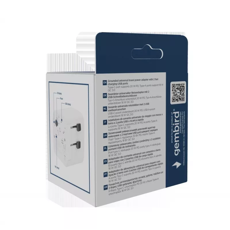 Ceļojuma strāvas adapteris GEMBIRD TPA-EU1A1C20-01-W 20W, USB-A 18W + USB-C 20W, Schuko ligzda, ieeja 100–250 V