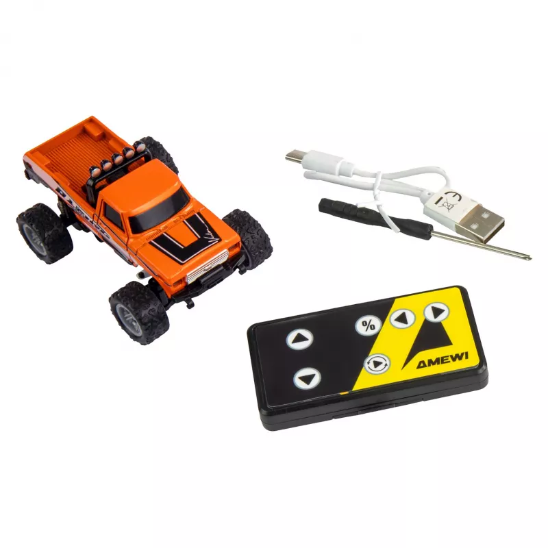Tālvadības Monstru Kravas Automašīna Amewi DieCast 1:64 RTR Oranžā, Metāla Korpusa, Gatava Lietošanai