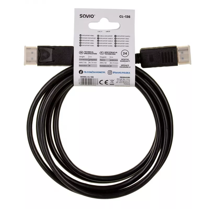 DisplayPort kabelis SAVIO CL-136, DisplayPort vīr.–vīr., 2 m, DP 1.2, zelta kontakti, melns