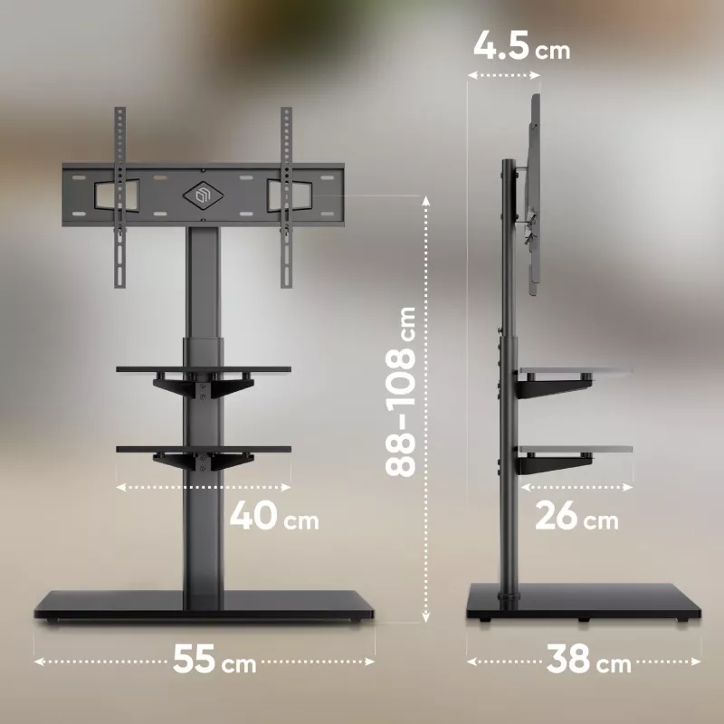 Grīdas TV statīvs ONKRON TS5550-B 32–65 collu (81,3–165,1 cm) ekrāniem, maks. slodze 30 kg, VESA 100x100–600x400, augstums 880–1080 mm, pagriešana ±25°