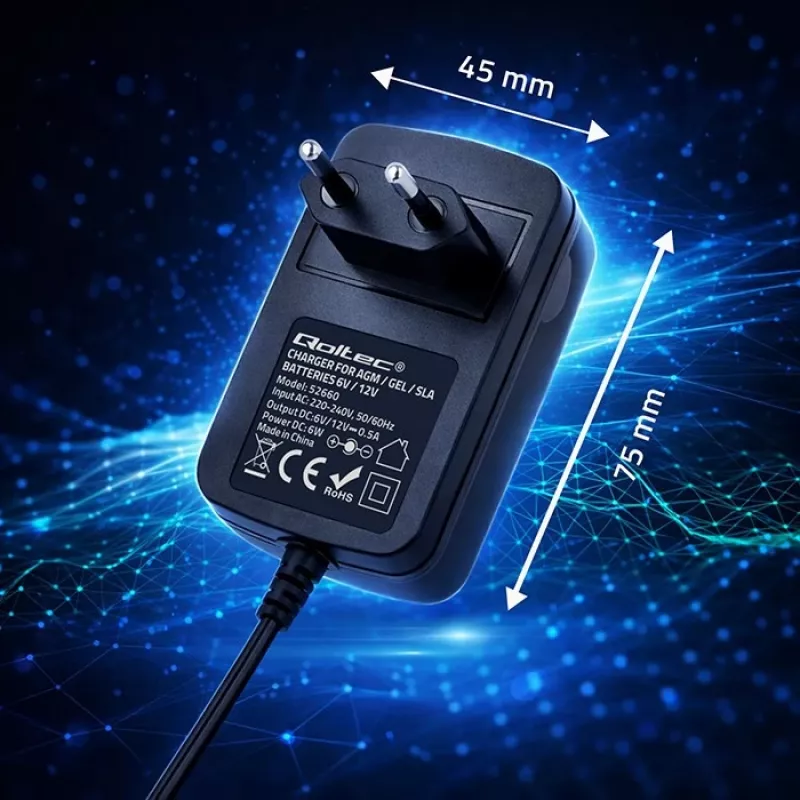 Akumulatora lādētājs QOLTEC modelis 52660 — 6V/12V, 6W lādēšanas bloks