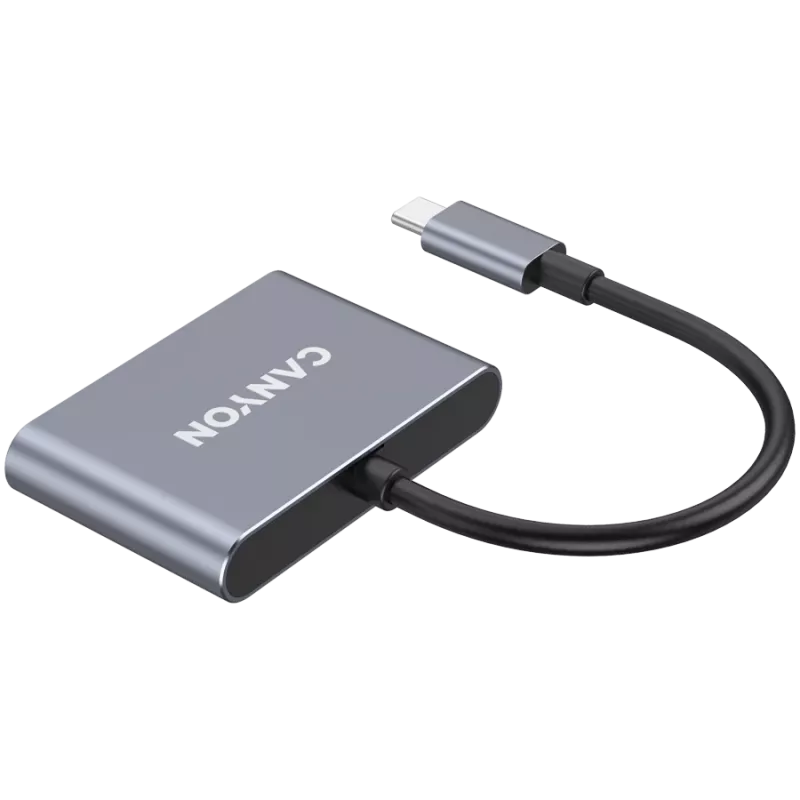 USB-C 3-in-1 centrmezgls CANYON DS-3 tumši pelēks — USB-C uz USB-A + HDMI + strāvas padeves caureja