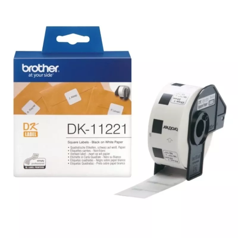 Brother DK-11221 (DK11221) kvadrātveida etiķetes, melnas uz balta, 23 mm, 1000 etiķetes ruļlī