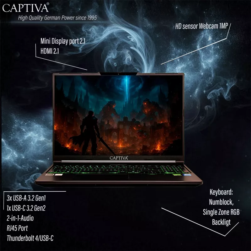 Captiva Highend Gaming I95-052GE klēpjdators, 16" WQXGA, Intel Core i7-14650HX, 32 GB, 1 TB SSD, NVIDIA GeForce RTX 5070, Windows 11