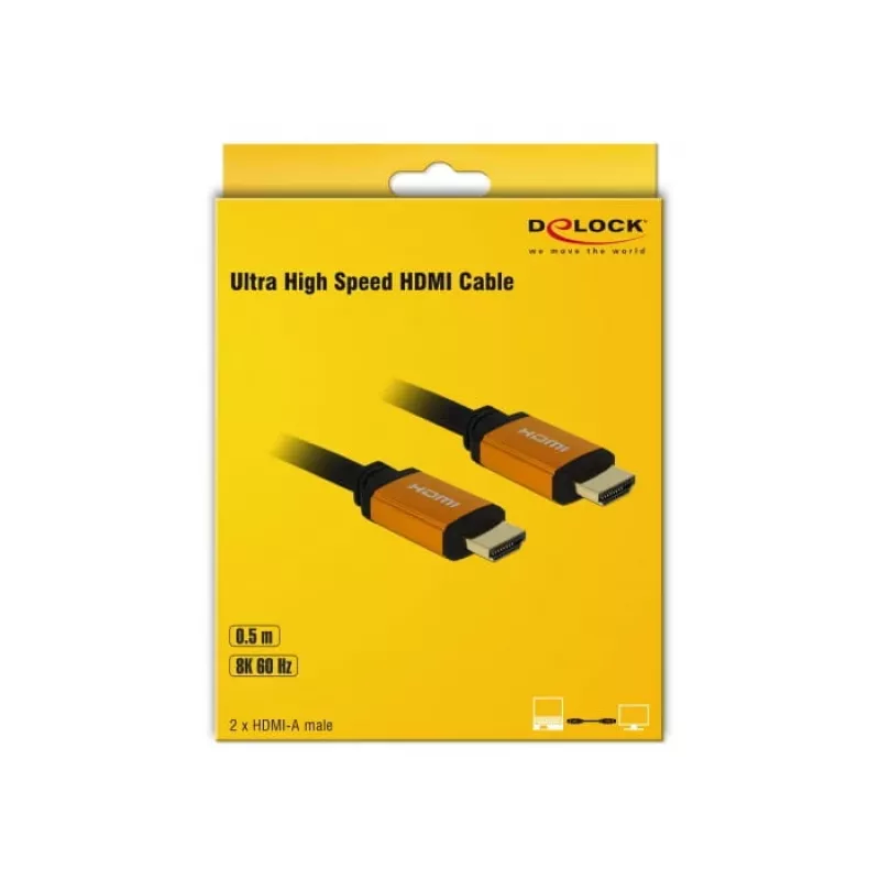 DeLOCK - HDMI kabelis - HDMI (M) uz HDMI (M) - 50 cm - Trīskārša izolācija - Melns, Zelts - 8K atbalsts