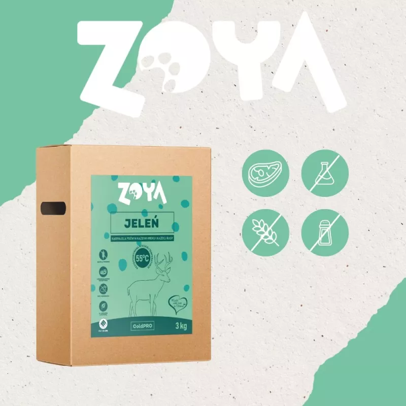 Sausā suņu barība ZOYA ColdPRO Deer 3 kg — pieaugušiem suņiem, ierobežotu sastāvdaļu brieža gaļas formula, 26% olbaltumvielu, 9,5% tauku