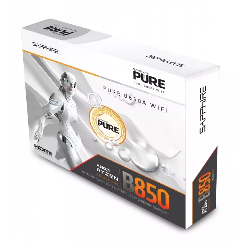 Mātesplate Sapphire PURE B850A WIFI7 ATX — B850 mikroshēmojums, Wi‑Fi 7, DDR4 atbalsts
