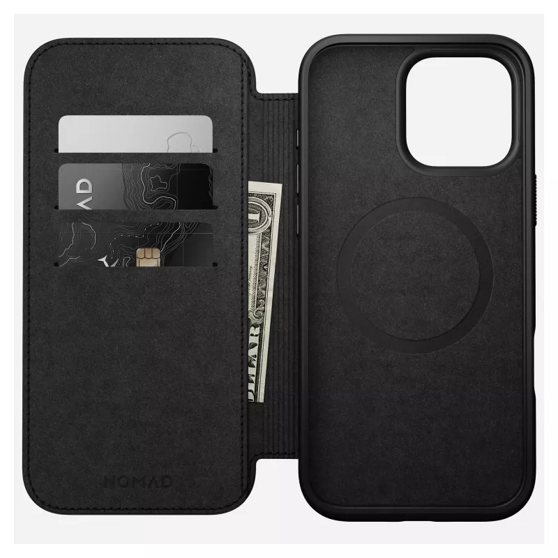 Folio telefona maciņš Nomad NM01675785 Apple tālruņiem, der ekrāniem līdz 17,5 cm (6,9 collas), melns, 3 karšu kabatiņas, galda statīvs