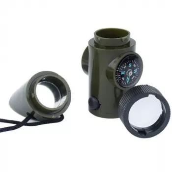Daudzfunkcionāla izdzīvošanas svilpe Mil-Tec SP.22073 — 6-in-1 olīvzaļa, kompass, termometrs, spogulis, palielināmais stikls, gaisma, 100×35×30 mm