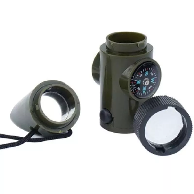 Daudzfunkcionāla izdzīvošanas svilpe Mil-Tec SP.22073 — 6-in-1 olīvzaļa, kompass, termometrs, spogulis, palielināmais stikls, gaisma, 100×35×30 mm