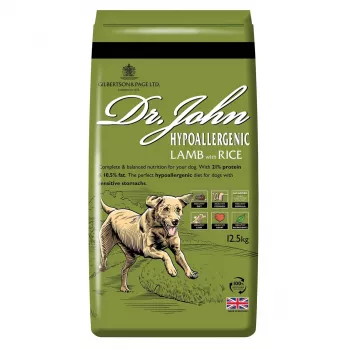 Sausā suņu barība Dr. John Hypoallergenic Lamb with Rice 12.5 kg – pieaugušiem, olbaltumvielas 21%, tauki 10.5%