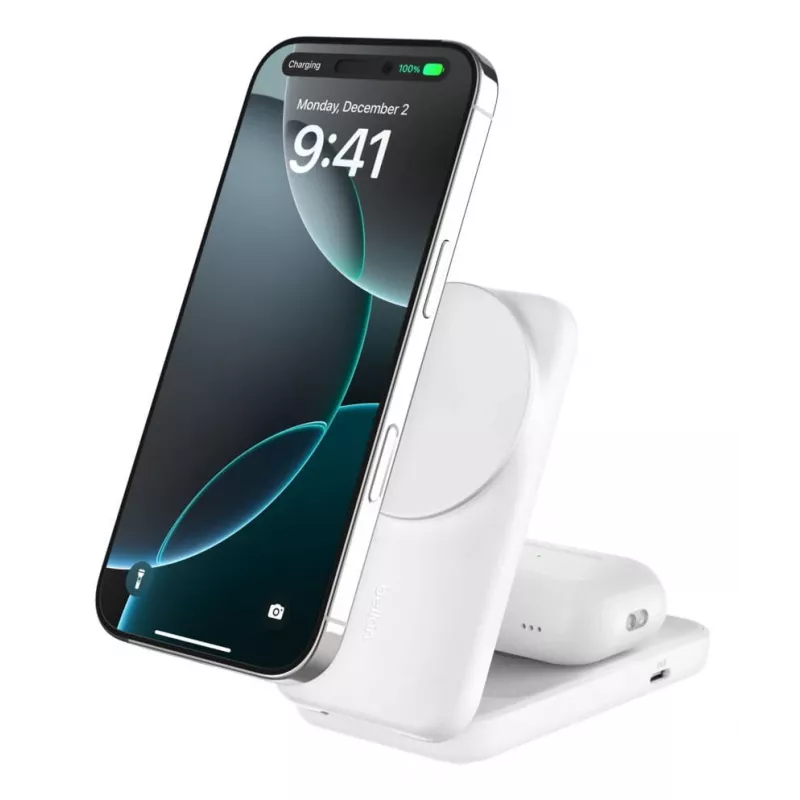 Belkin UltraCharge 25W Qi2 2 vienā salokāms bezvadu uzlādes statīvs, balts (WIZ038KQWH)