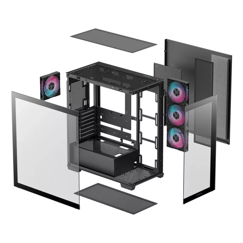 Datora korpuss DeepCool CG580 4F Midi Tower — ATX/ITX/MicroATX, rūdīts stikls, 3 × 120 mm + 1 × 120 mm ventilatori, 2 × 3,5 collu un 2 × 2,5 collu nodalījumi, USB-A × 2 USB-C × 1, melns