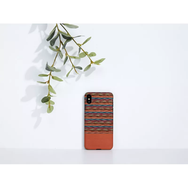 Telefona maciņš no koka un metāla iPhone XS Max — brūns rūtains raksts ar melnu apdari