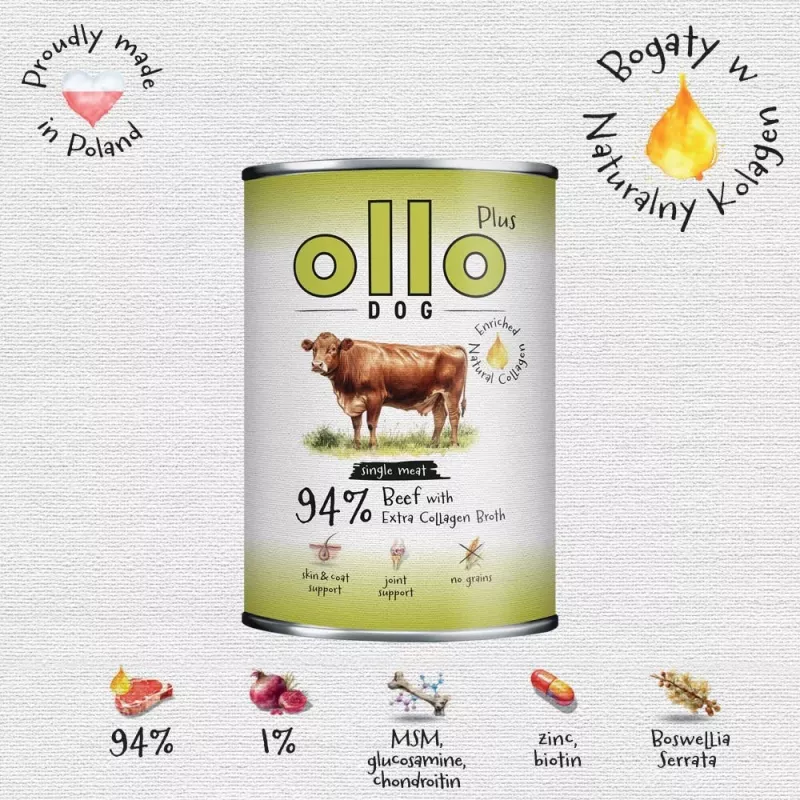 Ollo Plus Kolagen Beef 400g suņu barības kanna