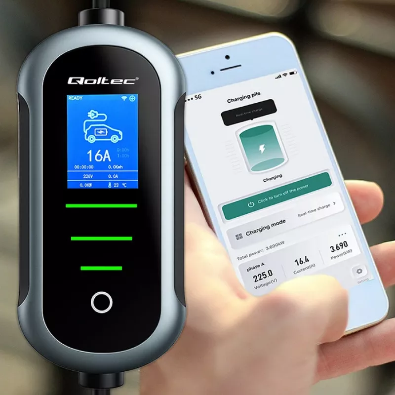 Elektromobiļu lādētājs QOLTEC Mobile EV 2in1 Type2 11 kW 400 V Wi‑Fi TUYA SMART LIFE LCD pārnēsājama sienas kārba 5 m kabelis