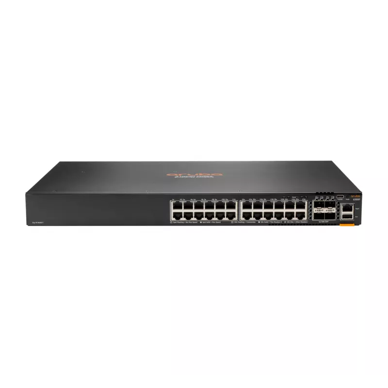 HPE - Aruba sērija - Aruba 6300F - slēdzis - L3 - pārvaldāms - 24 x 10/100/1000 + 4 x 1 Gigabitu / 10 Gigabitu / 25 Gigabitu / 50 Gigabitu SFP56 (augšupsaite / stekēšana) priekšā un sānā uz aizmuguri