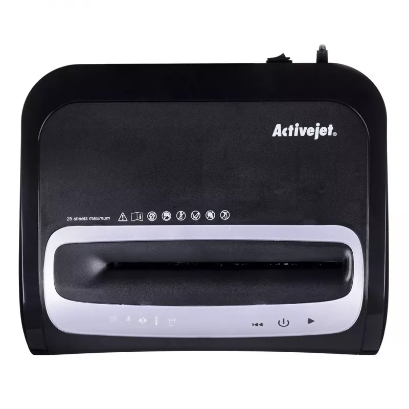 Dokumentu smalcinātājs ActiveJet ASH-2502C — šķērsgriezuma P-4, 25 lapas, 4x40 mm, 28 L tvertne, 22,8 cm padeve, 30 min darba cikls