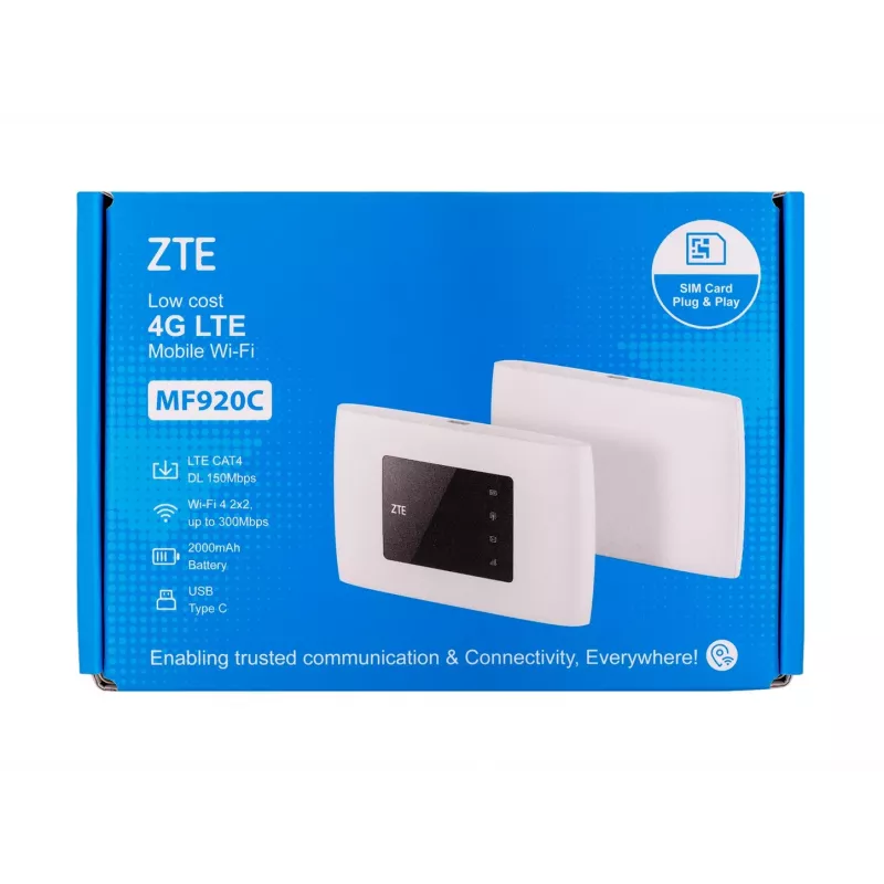 Mobilā tīkla maršrutētājs ZTE MF920C — LTE 4G (800/900/1800/2100/2600 MHz), WLAN 150 Mbps, 2000 mAh baterija, balts
