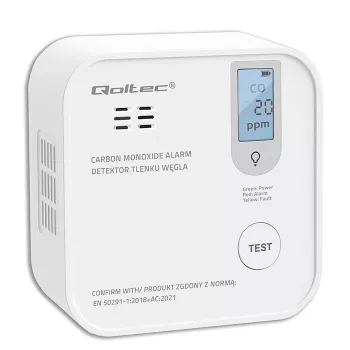 Oglekļa monoksīda sensors QOLTEC 52577 — ar baterijām darbināma signalizācija, 85 dB skaņas līmenis