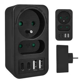 Strāvas sadalītājs MACLEAN MCE249 F/B — 2 maiņstrāvas ligzdas (16A + 6A) ar 2×USB-A un 2×USB-C PD 20W, ES spraudnis, melns