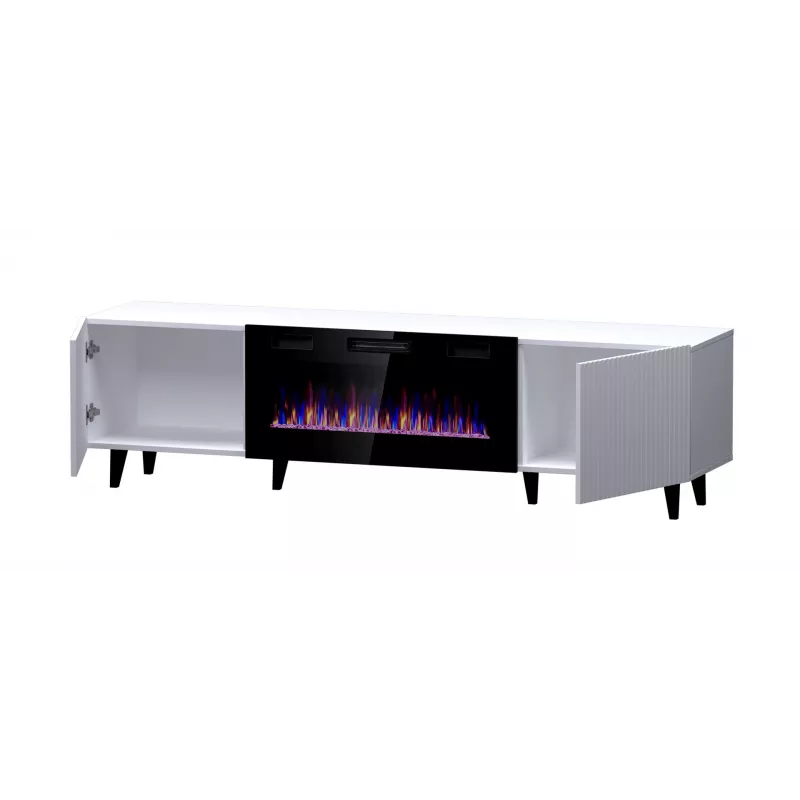 TV skapītis Cama Meble PAFOS EF ar elektrisko kamīnu 180×42×49 cm, balts, matēts