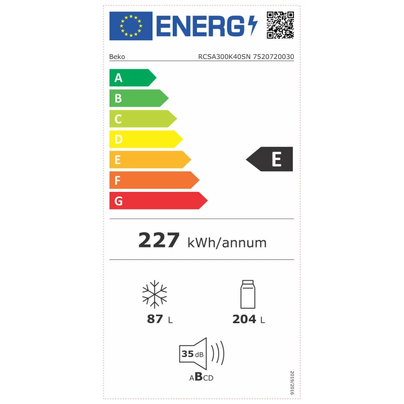 BEKO ledusskapis RCSA300K40SN, energoefektivitātes klase E, augstums 181 cm, nerūsējošais tērauds