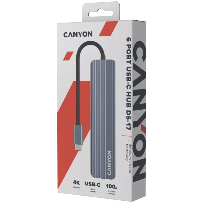 USB Type-C centrmezgls CANYON DS-17 — HDMI, USB 3.2 Gen 1 A, USB-C, MicroSD, 10000 Mbit/s, pelēks