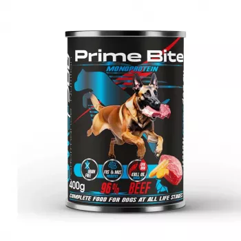 PRIME BITE Monoprotein liellopu gaļa ar burkāniem - mitrā suņu barība - 400g